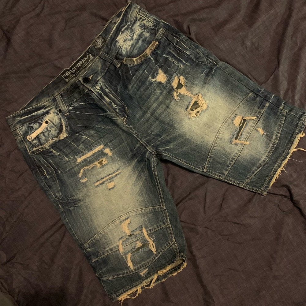 Distressed denim shorts